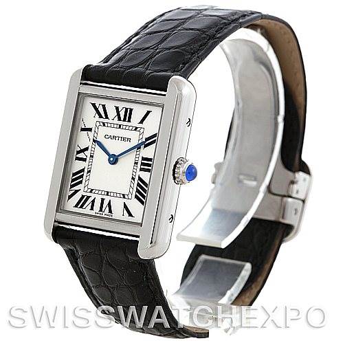 This image shows a Cartier Tank Solo W1018255 Women's Silver Dial W1018255 Women's Silver Dial watch at a slight angle, highlighting its bezel, dial, Roman numerals, crown, and leather strap.