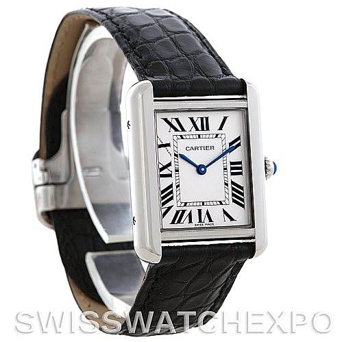 This image shows a Cartier Tank Solo W1018255 Women's Silver Dial W1018255 Women's Silver Dial watch at a slight angle, highlighting its rectangular face, Roman numerals, and black leather strap.