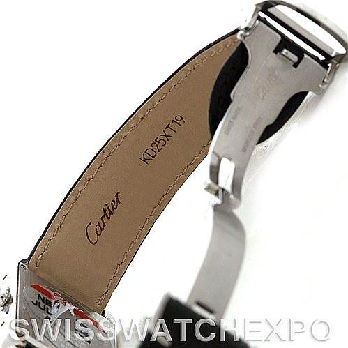 This image shows the underside of the leather strap with clasp and engravings of a Cartier Tank Solo W1018255 Women's Silver Dial W1018255 Women's Silver Dial watch.