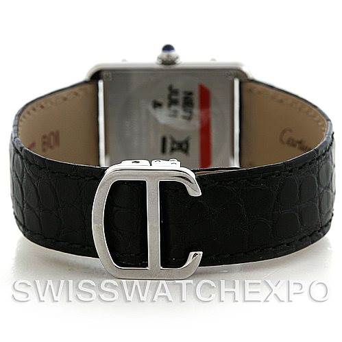 This image shows the rear angle of the Cartier Tank Solo W1018255 Women's Silver Dial W1018255 Women's Silver Dial watch, focusing on the leather strap and clasp buckle.