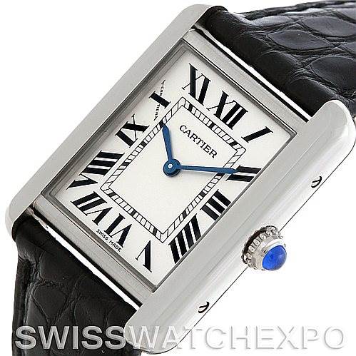 The image shows a close-up of the Cartier Tank Solo W1018255 Women's Silver Dial W1018255 Women's Silver Dial watch, highlighting its rectangular face, Roman numerals, and leather strap.