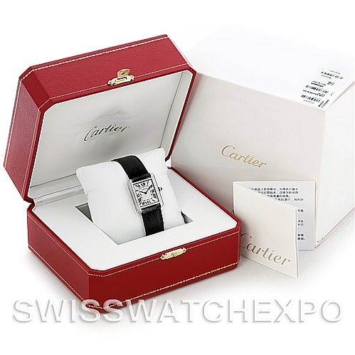 The image shows a Cartier Tank Solo W1018255 Women's Silver Dial W1018255 Women's Silver Dial watch in a red Cartier box with a white outer box and accompanying documents.