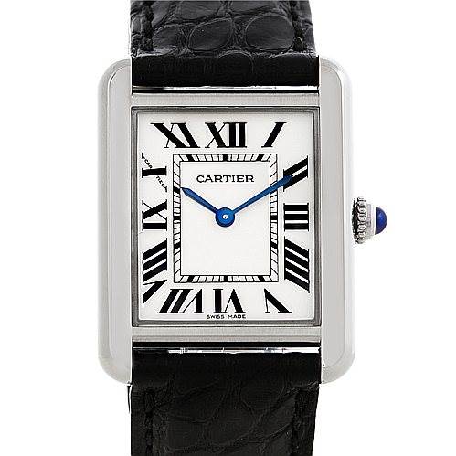 The image shows a front view of the Cartier Tank Solo W1018255 Women's Silver Dial W1018255 Women's Silver Dial watch, highlighting its rectangular face, Roman numeral dial, blue hands, and black leather strap.