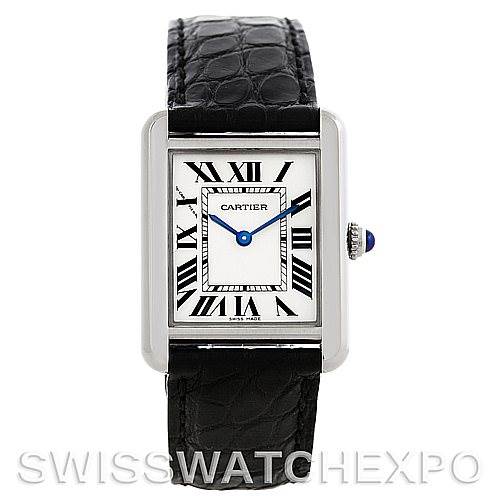 The image shows a front view of the Cartier Tank Solo W1018255 Women's Silver Dial W1018255 Women's Silver Dial watch, highlighting its rectangular dial, Roman numerals, and black leather strap.