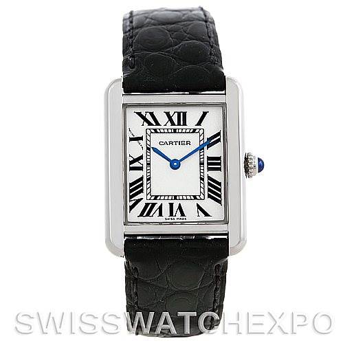 The image shows a front view of the Cartier Tank Solo W1018255 Women's Stainless Steel Silver Dial W1018255 Women's Stainless Steel Silver Dial watch, displaying its rectangular face, Roman numeral markings, and black leather strap.