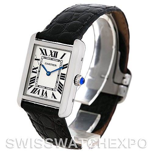 This is a Cartier Tank Solo W1018255 Women's Stainless Steel Silver Dial W1018255 Women's Stainless Steel Silver Dial watch shown at a three-quarter angle, highlighting the face, case, crown, and leather strap.
