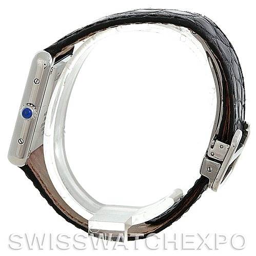 This image shows a side view of the Cartier Tank Solo W1018255 Women's Stainless Steel Silver Dial W1018255 Women's Stainless Steel Silver Dial watch, highlighting the case, crown, and leather strap.