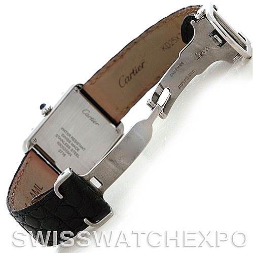 The image shows the back and clasp of the Cartier Tank Solo W1018255 Women's Stainless Steel Silver Dial W1018255 Women's Stainless Steel Silver Dial watch, highlighting the leather strap and engraved details on the clasp.