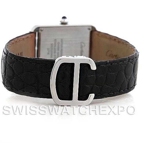 The image shows the back view of a Cartier Tank Solo W1018255 Women's Stainless Steel Silver Dial W1018255 Women's Stainless Steel Silver Dial watch, focusing on its black leather strap with a "C" clasp.