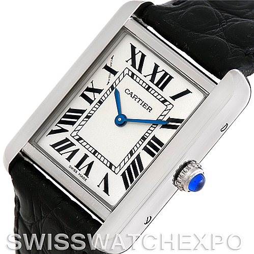 The image shows a three-quarter angle of a Cartier Tank Solo W1018255 Women's Stainless Steel Silver Dial W1018255 Women's Stainless Steel Silver Dial watch, highlighting its face, crown, and part of the leather strap.