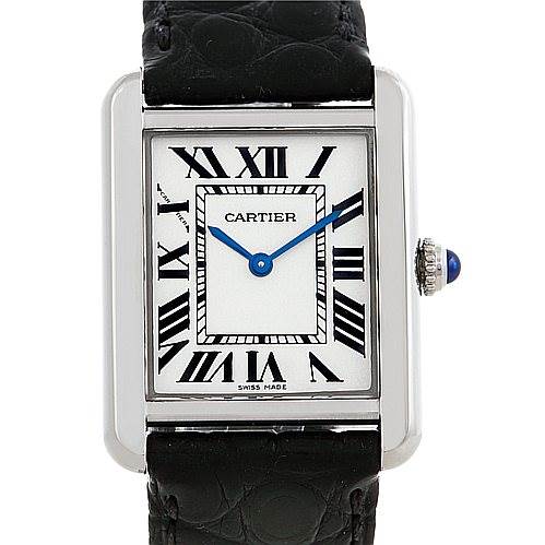 This is a frontal view of the Cartier Tank Solo W1018255 Women's Stainless Steel Silver Dial W1018255 Women's Stainless Steel Silver Dial watch, showing its rectangular face, Roman numerals, blue hands, and black leather strap.