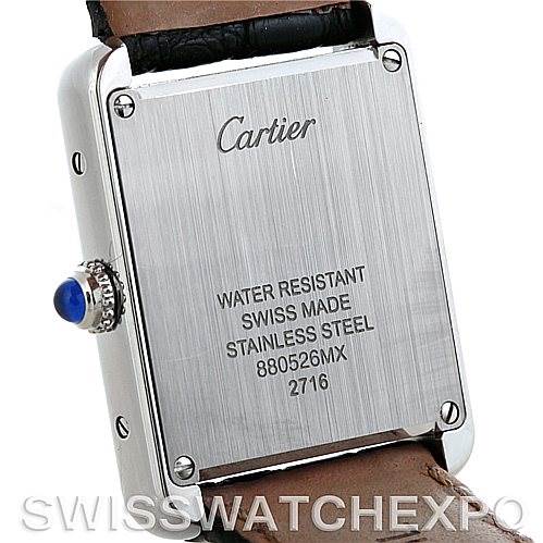 This is a rear view of a Cartier Tank Solo W1018255 Women's Stainless Steel Silver Dial W1018255 Women's Stainless Steel Silver Dial watch showing the back case with inscriptions and a crown on the side.