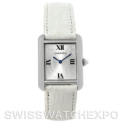 The image shows a front view of a Cartier Tank Solo W1019555 Women's Stainless Steel Silver Dial W1019555 Women's Stainless Steel Silver Dial watch, highlighting its white leather strap and rectangular dial.