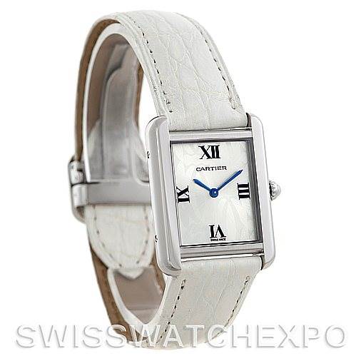 The image shows a Cartier Tank Solo W1019555 Women's Stainless Steel Silver Dial W1019555 Women's Stainless Steel Silver Dial watch from a front-left angle, highlighting its white leather strap and rectangular face.