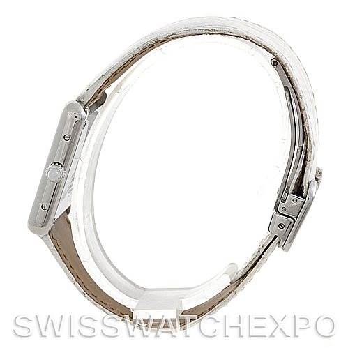 This image shows a side view of the Tank Solo watch by Cartier, featuring the case, crown, and part of the strap.