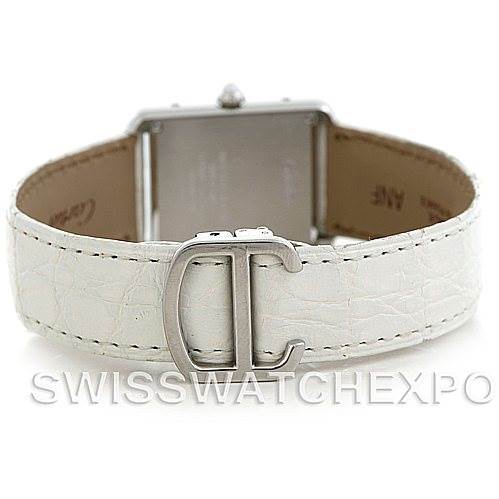 This image shows the back of a Cartier Tank Solo W1019555 Women's Stainless Steel Silver Dial W1019555 Women's Stainless Steel Silver Dial watch with a white leather strap and a visible "C" clasp.