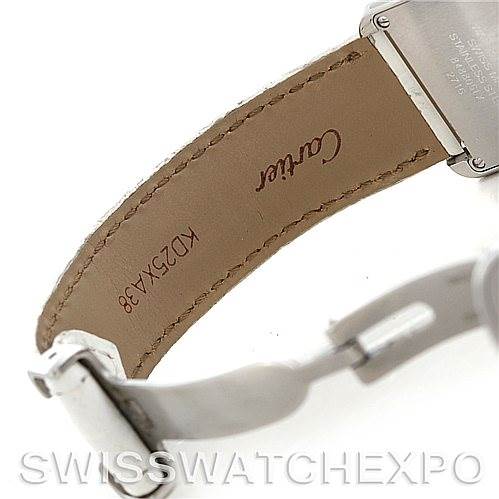 The image shows a close-up of the strap and clasp of a Cartier Tank Solo W1019555 Women's Stainless Steel Silver Dial W1019555 Women's Stainless Steel Silver Dial watch, focusing on the leather underside and clasp mechanism.