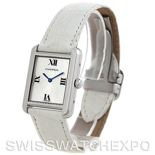 The Cartier Tank Solo W1019555 Women's Stainless Steel Silver Dial W1019555 Women's Stainless Steel Silver Dial watch is shown at a slight angle, displaying its face, strap, and clasp.