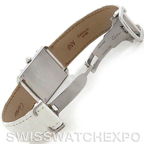 The image shows the back and clasp of a Cartier Tank Solo W1019555 Women's Stainless Steel Silver Dial W1019555 Women's Stainless Steel Silver Dial watch, featuring a leather strap and stainless steel components.