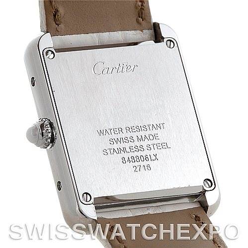 This image shows the back case of a Cartier Tank Solo W1019555 Women's Stainless Steel Silver Dial W1019555 Women's Stainless Steel Silver Dial watch, including the case back, crown, and part of the leather strap.