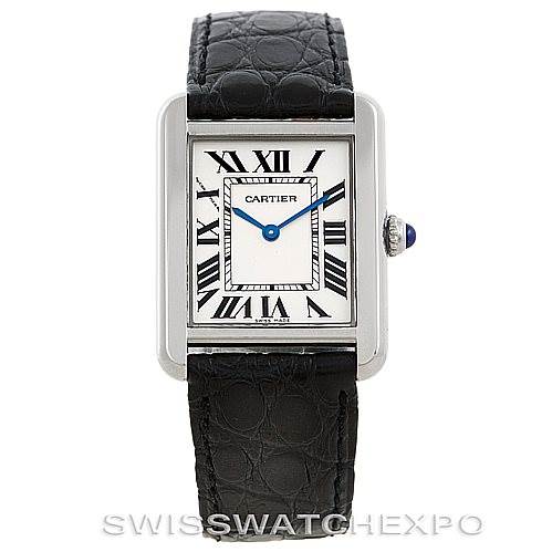 The image shows a Cartier Tank Solo W1018255 Women's Stainless Steel Silver Dial W1018255 Women's Stainless Steel Silver Dial watch from a front-angle view, highlighting its face, Roman numerals, black leather strap, and crown.