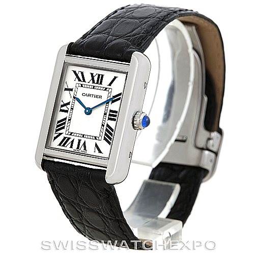 The Cartier Tank Solo W1018255 Women's Stainless Steel Silver Dial W1018255 Women's Stainless Steel Silver Dial watch is shown at a slight angle, displaying its face, case, crown, and part of its leather strap.
