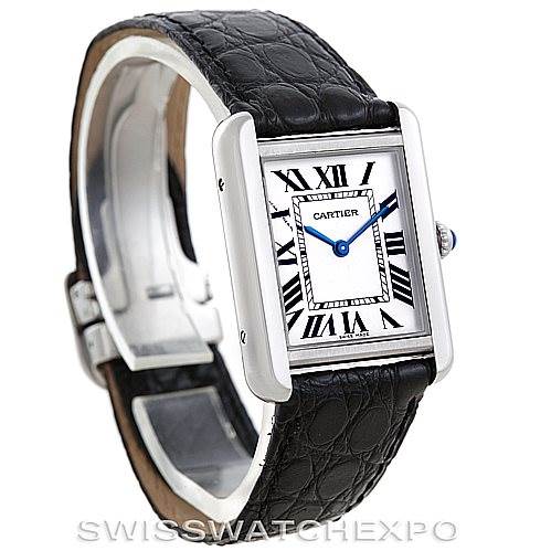 This image shows a Cartier Tank Solo W1018255 Women's Stainless Steel Silver Dial W1018255 Women's Stainless Steel Silver Dial watch at a three-quarter angle, highlighting its rectangular face and black leather strap.