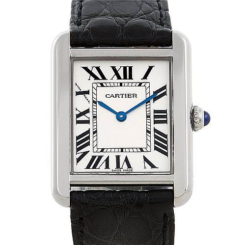 The Cartier Tank Solo W1018255 Women's Stainless Steel Silver Dial W1018255 Women's Stainless Steel Silver Dial watch is shown from the front, highlighting its rectangular face, Roman numerals, and black leather strap.