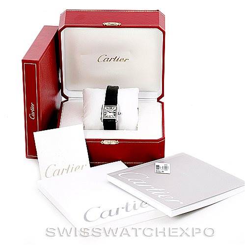 The image shows a Cartier Tank Solo W1018255 Women's Stainless Steel Silver Dial W1018255 Women's Stainless Steel Silver Dial watch in its opened red box, along with the brand's documentation and packaging.