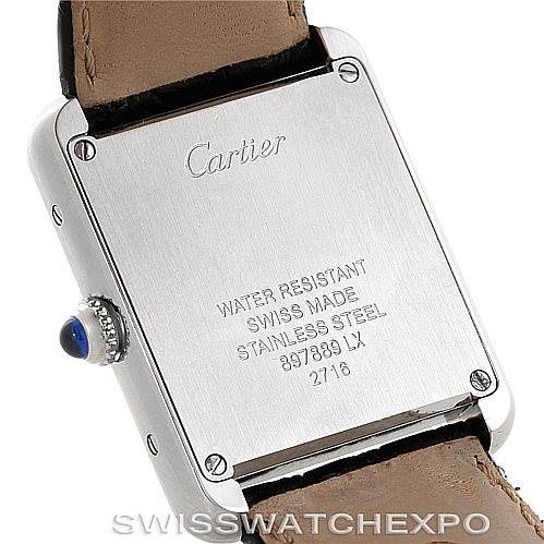 This image shows the back case and crown of the Cartier Tank Solo W1018255 Women's Stainless Steel Silver Dial W1018255 Women's Stainless Steel Silver Dial watch, revealing engravings and the leather strap.