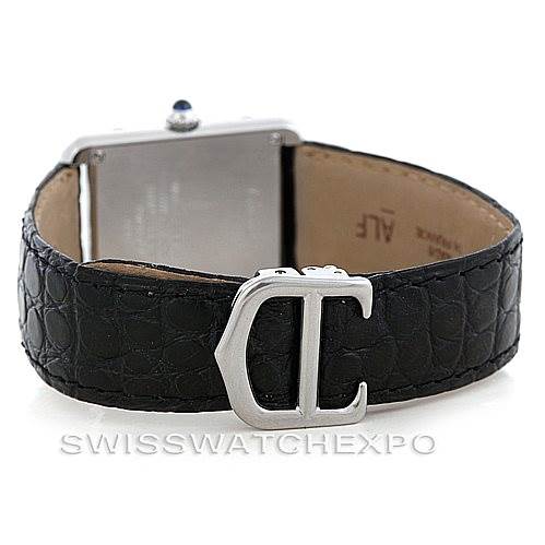 The image shows the back view of a Cartier Tank Solo W1018255 Women's Stainless Steel Silver Dial W1018255 Women's Stainless Steel Silver Dial watch, featuring its leather strap and clasp.