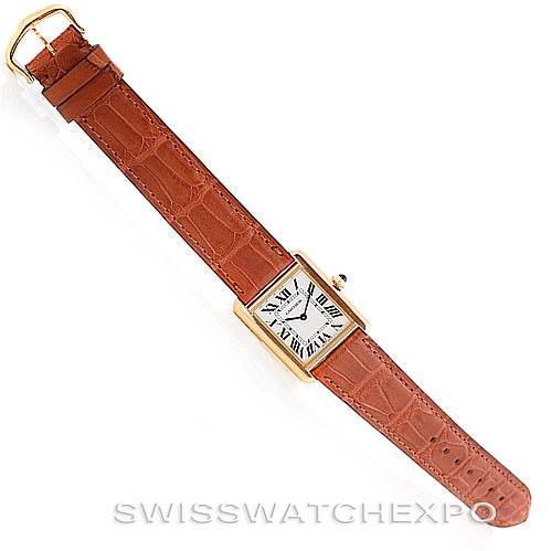 This image shows a top-down view of a Cartier Tank Solo W1018755 Women's Steel and Gold (two tone) Silver Dial W1018755 Women's Steel and Gold (two tone) Silver Dial watch with a brown leather strap fully extended.