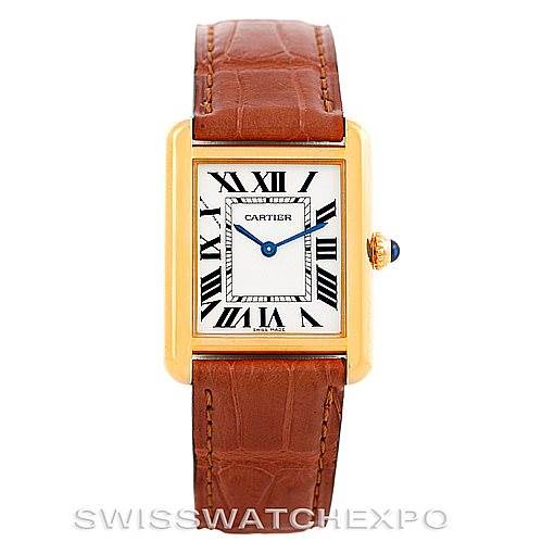 This image shows a front view of the Cartier Tank Solo W1018755 Women's Steel and Gold (two tone) Silver Dial W1018755 Women's Steel and Gold (two tone) Silver Dial watch, highlighting its rectangular face, Roman numerals, and brown leather strap.