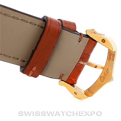 The image shows the clasp and part of the leather strap of a Cartier Tank Solo W1018755 Women's Steel and Gold (two tone) Silver Dial W1018755 Women's Steel and Gold (two tone) Silver Dial watch.