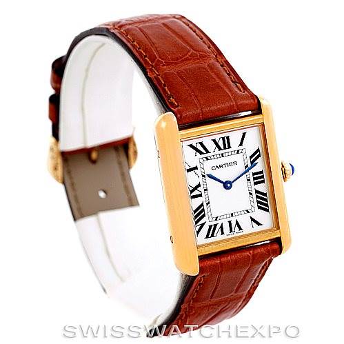 The image shows a Cartier Tank Solo W1018755 Women's Steel and Gold (two tone) Silver Dial W1018755 Women's Steel and Gold (two tone) Silver Dial watch from a three-quarter angle, highlighting the dial, leather strap, and gold casing.