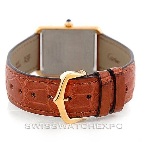 This shows the rear view of the Cartier Tank Solo W1018755 Women's Steel and Gold (two tone) Silver Dial W1018755 Women's Steel and Gold (two tone) Silver Dial's brown leather strap and gold-tone buckle.