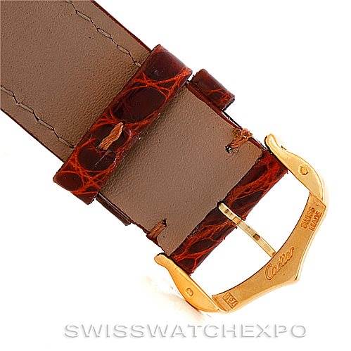 This image shows a close-up, angled view of the leather strap and gold buckle of the Cartier Tank Solo W1018755 Women's Steel and Gold (two tone) Silver Dial W1018755 Women's Steel and Gold (two tone) Silver Dial watch.