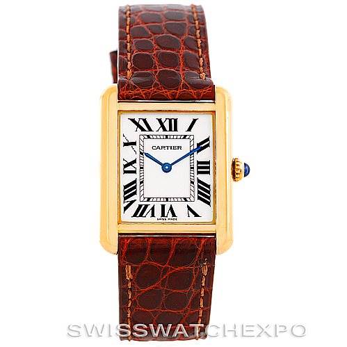 The image shows a front view of the Cartier Tank Solo W1018755 Women's Steel and Gold (two tone) Silver Dial W1018755 Women's Steel and Gold (two tone) Silver Dial watch, displaying the face, bezel, crown, and leather strap.