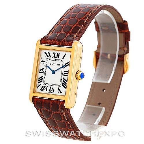 This image shows a Cartier Tank Solo W1018755 Women's Steel and Gold (two tone) Silver Dial W1018755 Women's Steel and Gold (two tone) Silver Dial watch at an angled side view, displaying its gold case, Roman numeral dial, and brown leather strap.