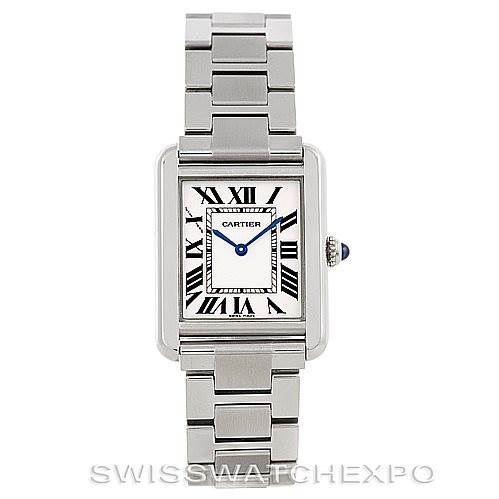 The image shows the face and bracelet of a Cartier Tank Solo W5200013 Women's Stainless Steel Silver Dial W5200013 Women's Stainless Steel Silver Dial watch from a straight-on angle.