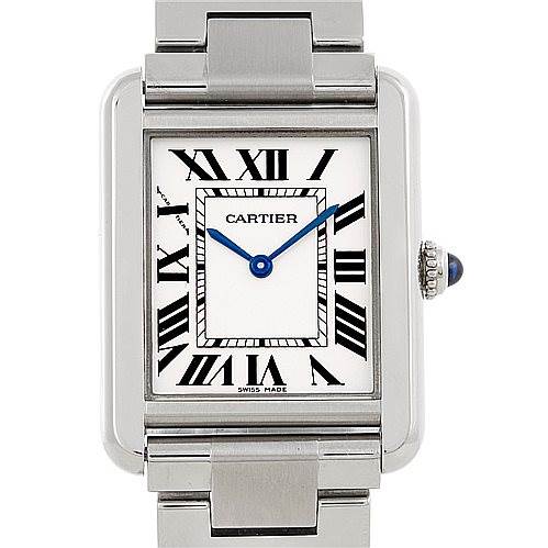 This image shows the front view of a Cartier Tank Solo W5200013 Women's Stainless Steel Silver Dial W5200013 Women's Stainless Steel Silver Dial watch, featuring its face, Roman numerals, and stainless steel bracelet.