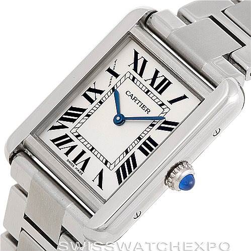 This image shows a close-up of the Cartier Tank Solo W5200013 Women's Stainless Steel Silver Dial W5200013 Women's Stainless Steel Silver Dial watch at an angle that highlights its face, crown, and part of the metal bracelet.
