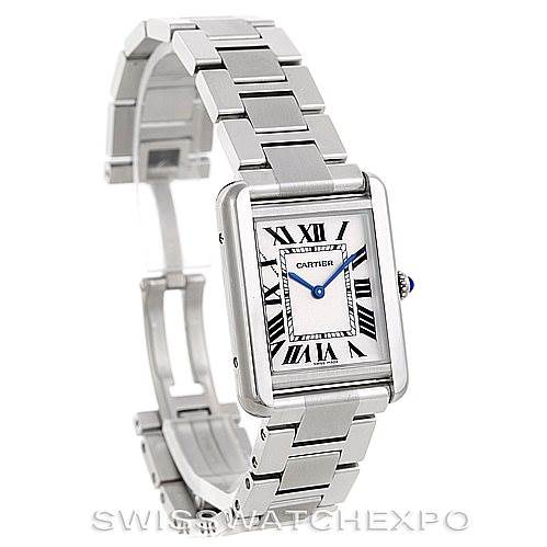The image shows a Cartier Tank Solo W5200013 Women's Stainless Steel Silver Dial W5200013 Women's Stainless Steel Silver Dial watch at a three-quarter angle, highlighting the face, bezel, and metal bracelet.