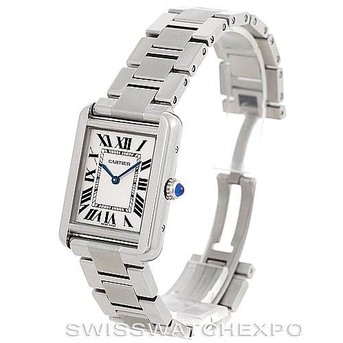 This image shows a Cartier Tank Solo W5200013 Women's Stainless Steel Silver Dial W5200013 Women's Stainless Steel Silver Dial watch at a slight left-side angle, highlighting the face, crown, and metal link bracelet.