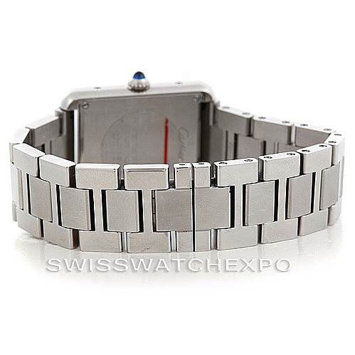 This image shows the back view of a Cartier Tank Solo W5200013 Women's Stainless Steel Silver Dial W5200013 Women's Stainless Steel Silver Dial watch, focusing on its stainless steel bracelet and caseback.