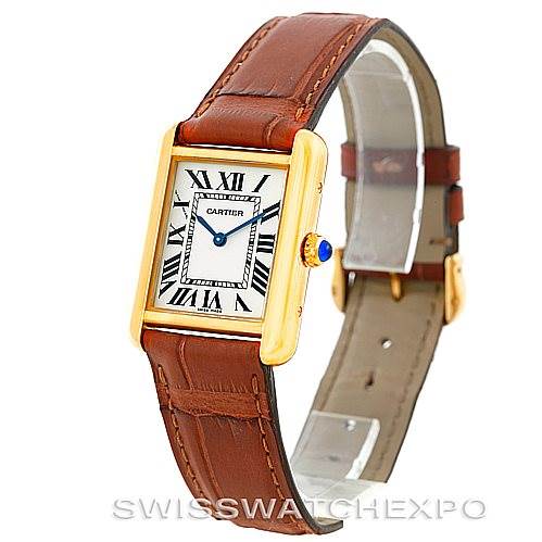 The image shows a front angle of the Cartier Tank Solo W1018755 Women's Steel and Gold (two tone) Silver Dial W1018755 Women's Steel and Gold (two tone) Silver Dial watch, highlighting its rectangular face, Roman numerals, and brown leather strap.