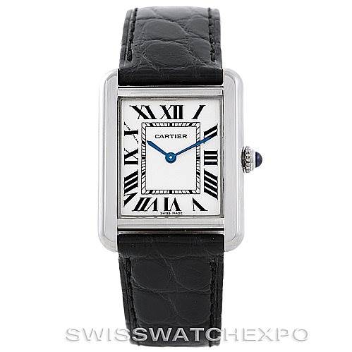The image shows a front view of the Cartier Tank Solo W1018255 Women's Stainless Steel Silver Dial W1018255 Women's Stainless Steel Silver Dial watch, displaying the face, bezel, and black leather strap.