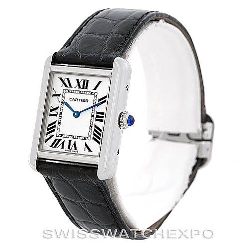 The image shows a Cartier Tank Solo W1018255 Women's Stainless Steel Silver Dial W1018255 Women's Stainless Steel Silver Dial watch from a front-left angle, displaying the face, crown, and black leather strap.