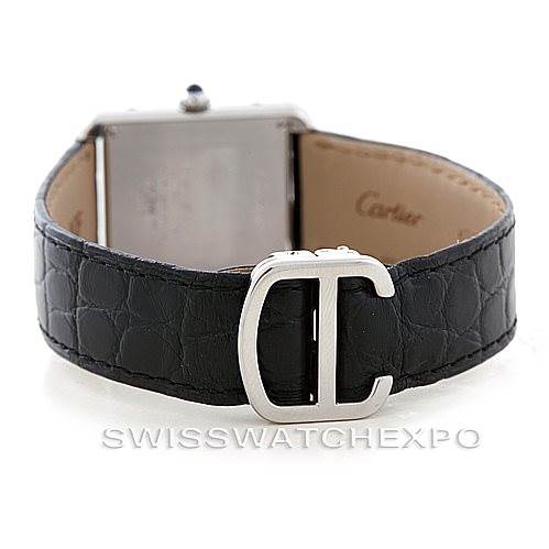 The image shows the back of the Cartier Tank Solo W1018255 Women's Stainless Steel Silver Dial W1018255 Women's Stainless Steel Silver Dial watch and its black leather strap with a silver buckle.