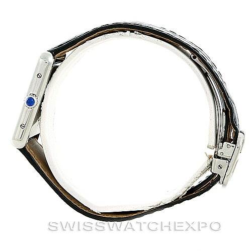 This image shows a side view of the Cartier Tank Solo W1018255 Women's Stainless Steel Silver Dial W1018255 Women's Stainless Steel Silver Dial watch, highlighting the crown, case, and partially visible strap.